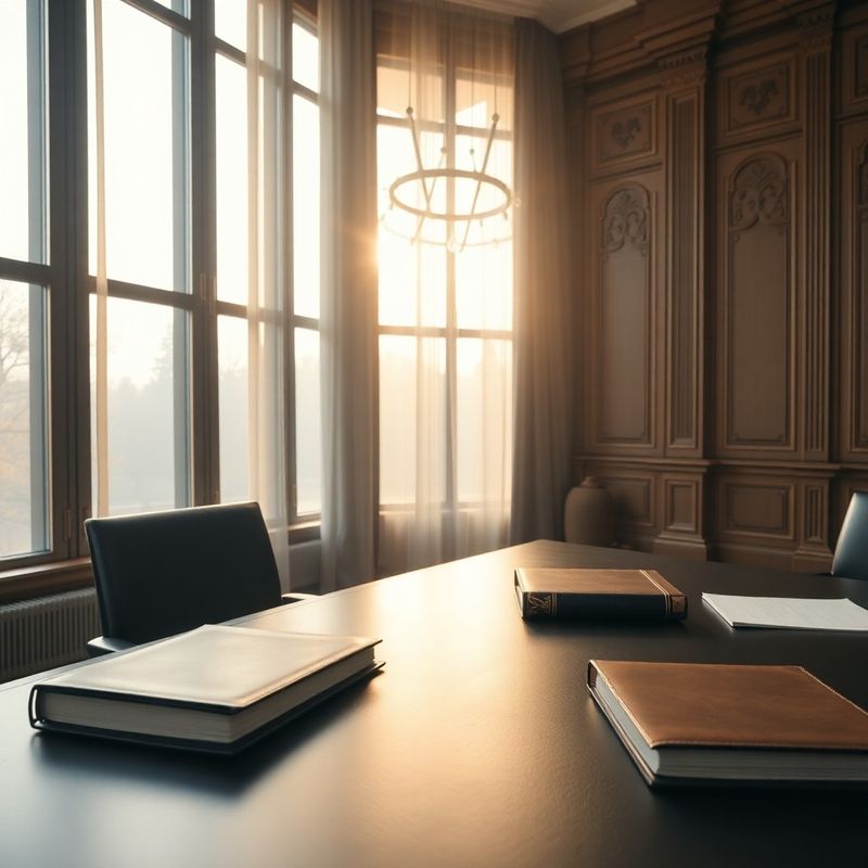 Charcoal and gold executive desk with leather-bound documents in soft morning light