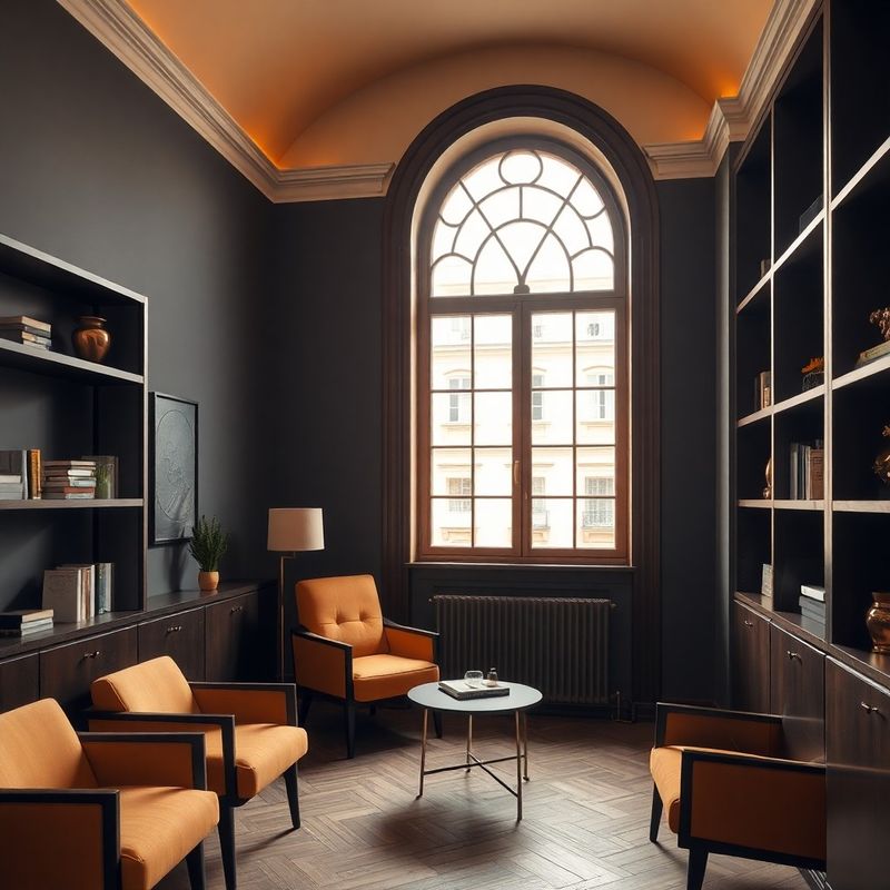Sophisticated advisory office interior with charcoal walls and gold accents