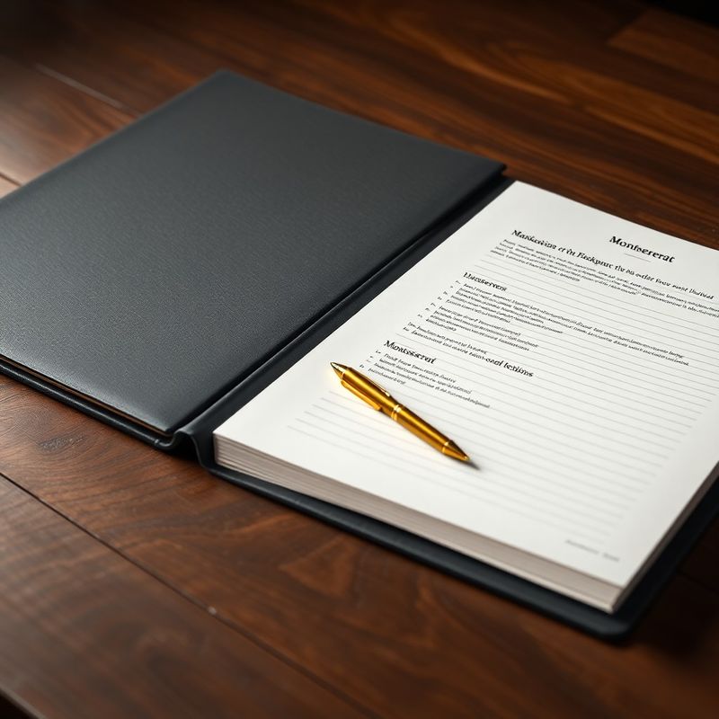Charcoal and gold branded document portfolio open on a dark timber desk