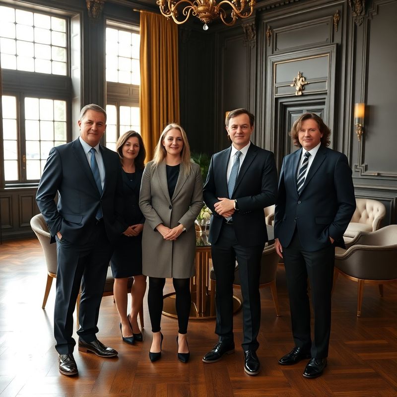 Four professional financial advisers in a charcoal-toned boardroom with gold accents
