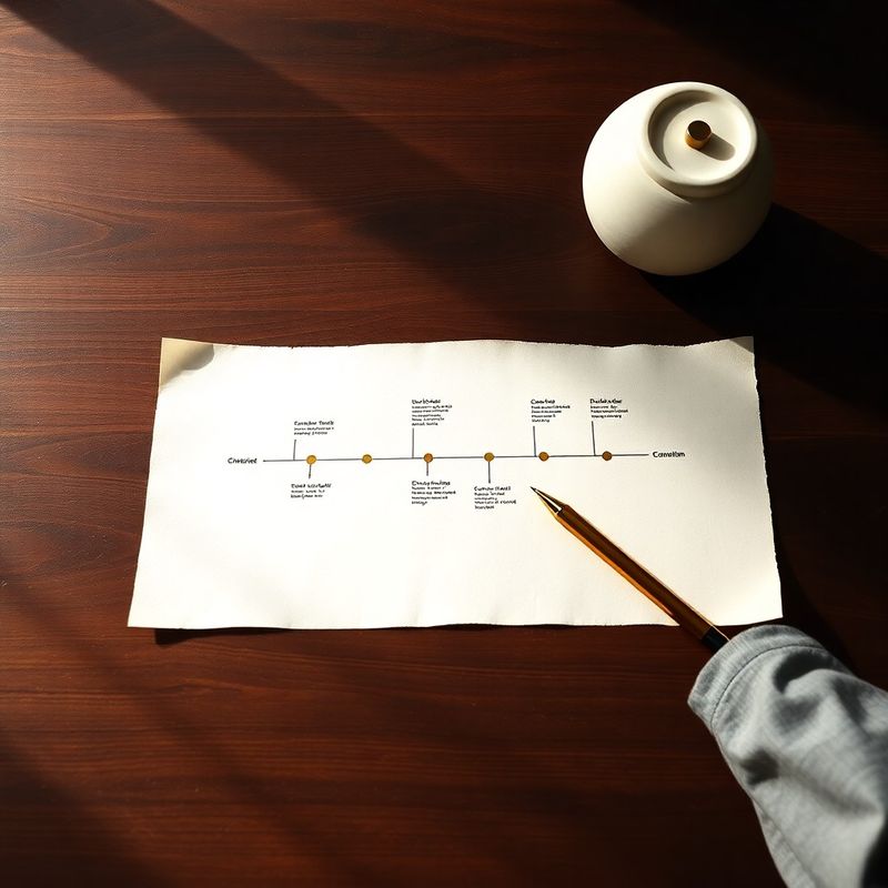 Timeline diagram printed in charcoal and gold ink on heavy cream paper